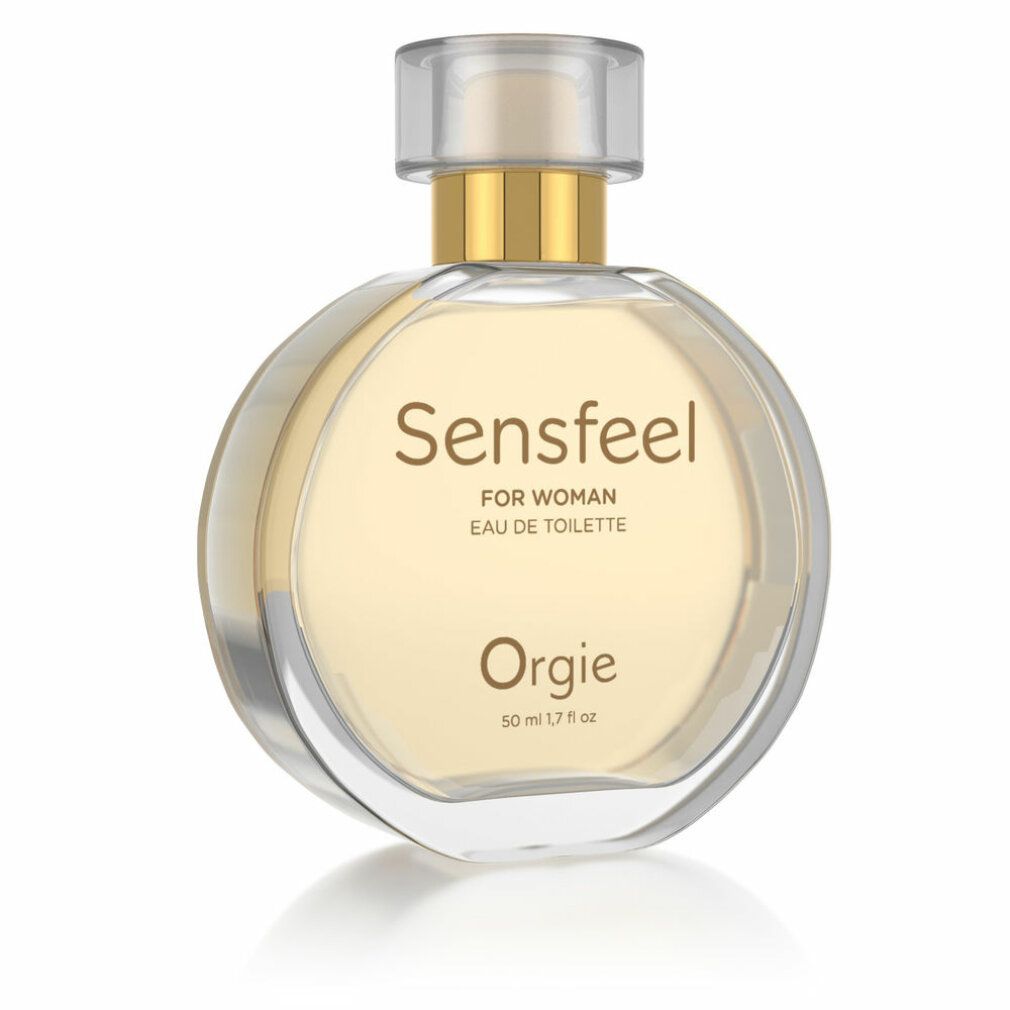 Runder Flakon mit goldfarbenem Verschluss. Text: Sensfeel FOR WOMAN Eau de Toilette, Orgie. Volumen: 50 ml.