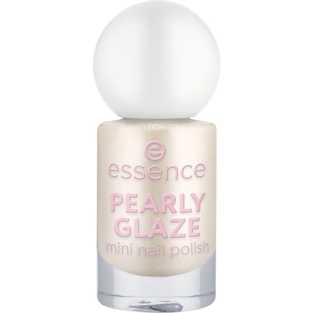 Nagellackflasche mit weißem Deckel. Aufschrift: Essence Pearly Glaze Mini Nagellack.