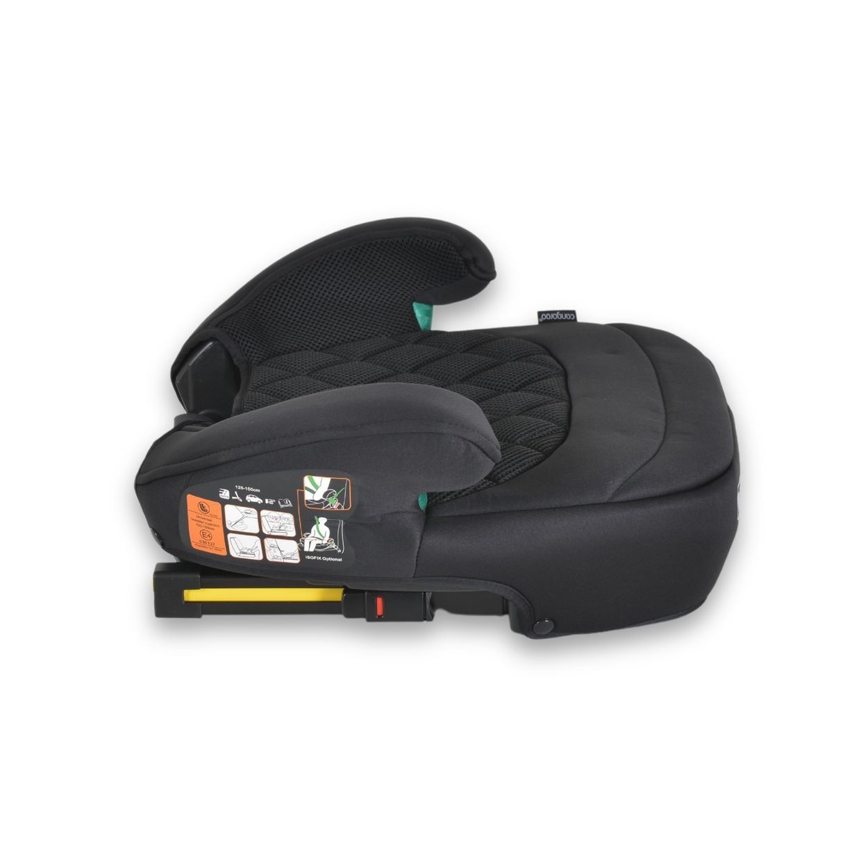 Schwarzer Kindersitz-Booster mit verstellbarer Kopfstütze und Isofix-Befestigung. Seitenansicht.