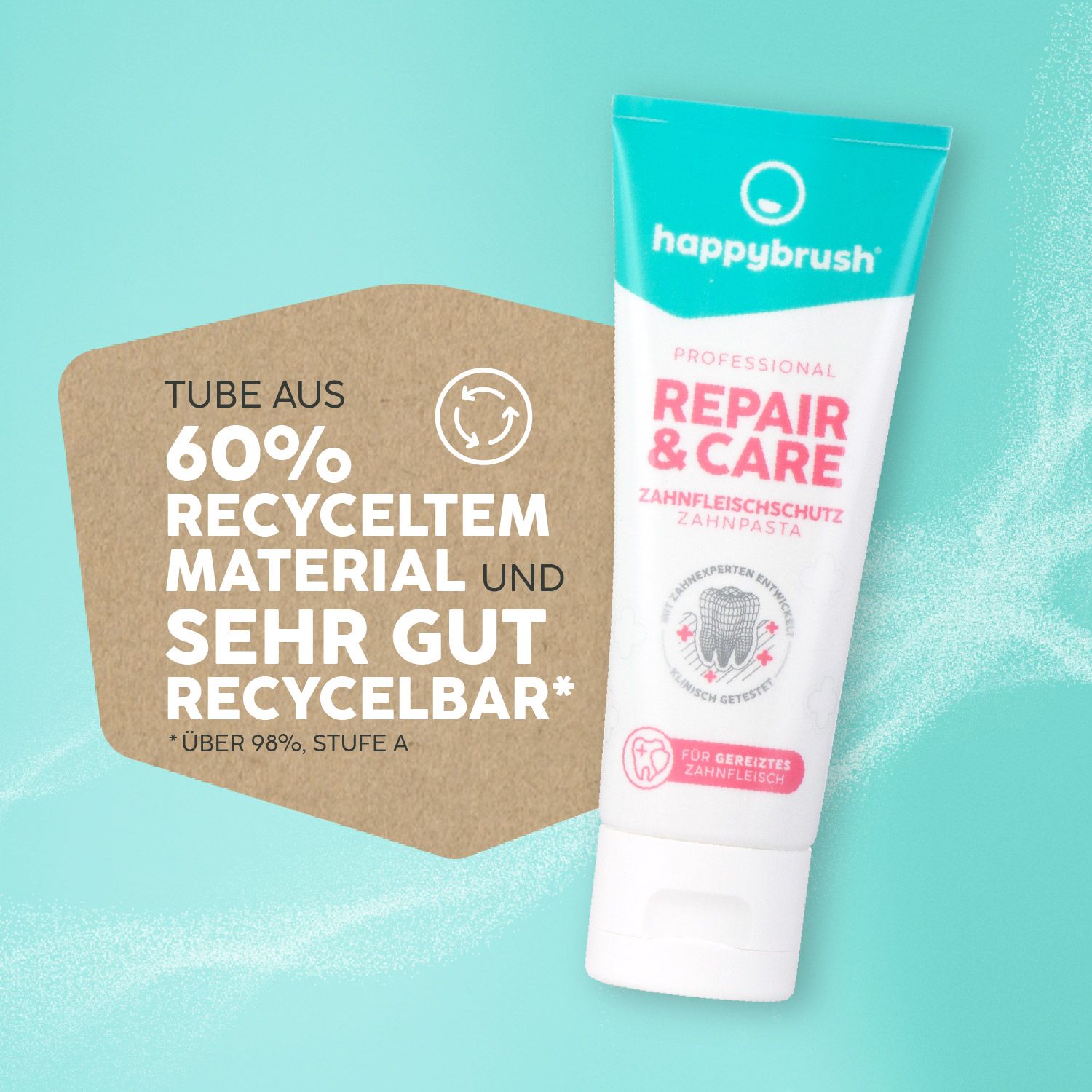 Zahnpasta-Tube mit Recycling-Hinweis. Aufschrift: Tube aus 60% recyceltem Material. Sehr gut recycelbar.