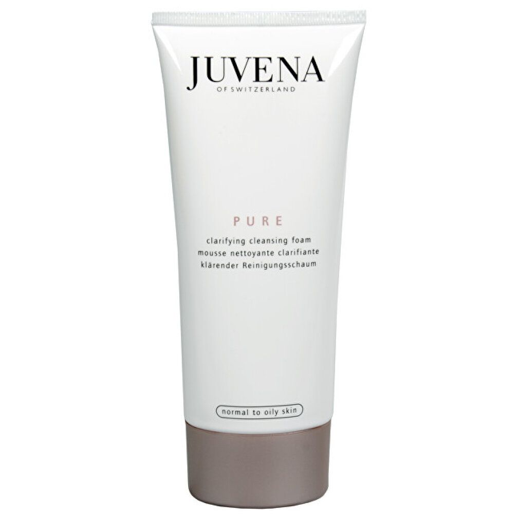 Weiße Tube mit Produktname und Marke. Grauer Deckel. Text: Clarifying Cleansing Foam.