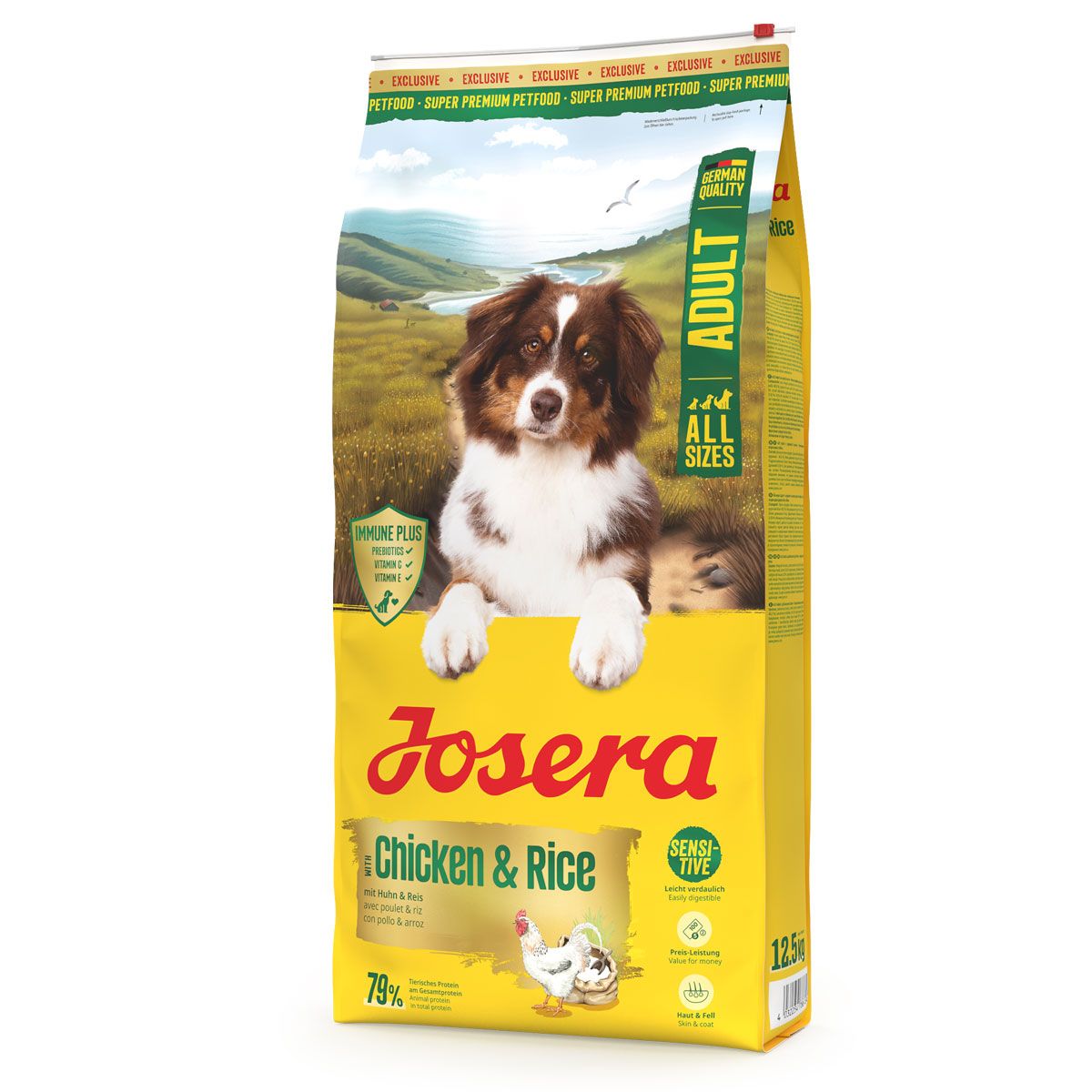 Josera Huhn & Reis Adult Hundefutter-Sack mit Hundemotiv und Landschaftsbild.