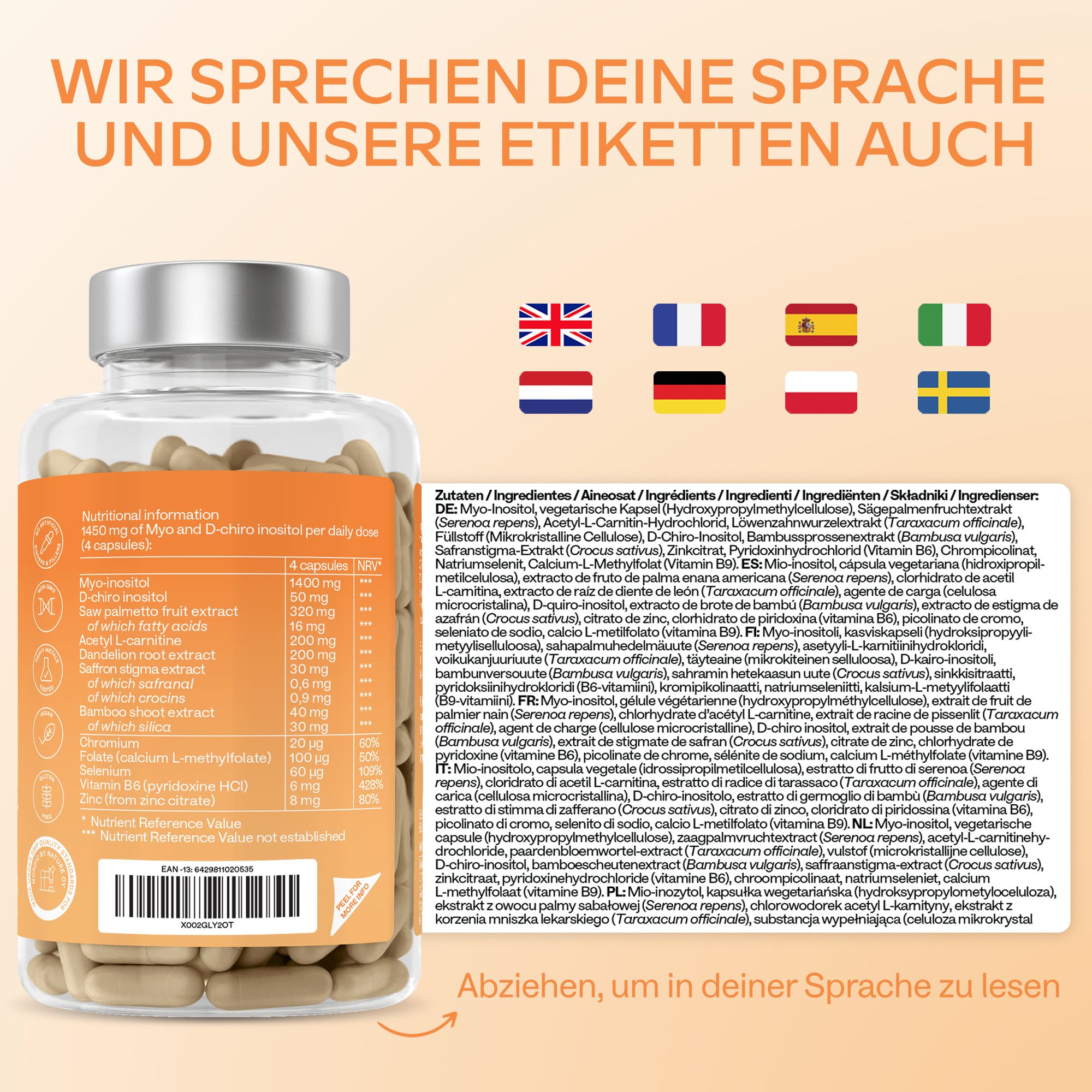 Rückseite der Flasche mit Text in verschiedenen Sprachen. Enthält Myo-Inositol, D-Chiro-Inositol und weitere Inhaltsstoffe.