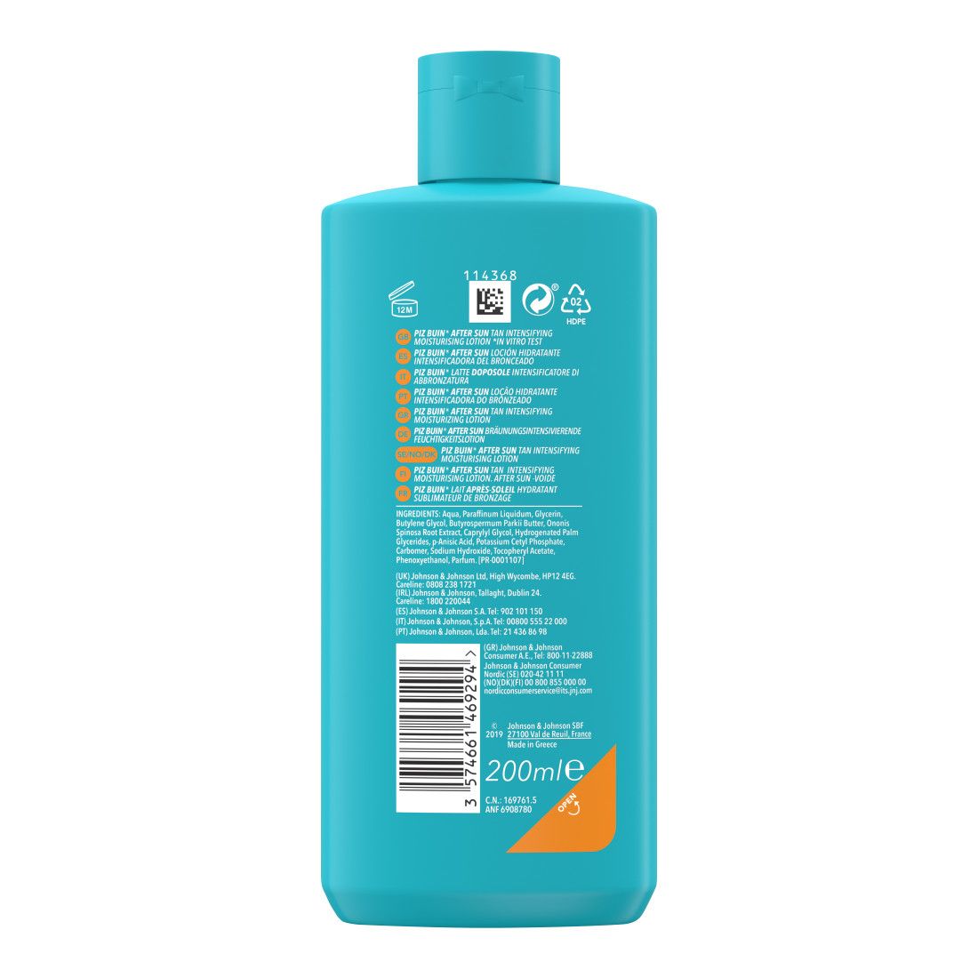 Rückseite einer türkisfarbenen Flasche. Text in mehreren Sprachen. Enthält Inhaltsstoffe, Herstellerinformationen und ein Volumen von 200 ml.