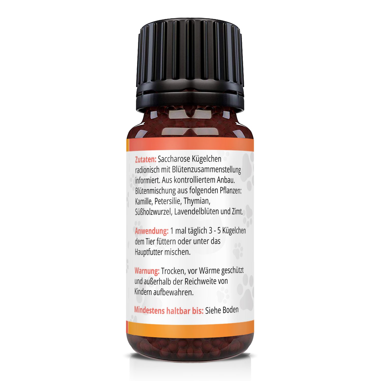Rückseite der braunen Glasflasche. Text mit Zutaten, Anwendung und Warnhinweisen. Orangefarbenes Etikett mit weißem Text.
