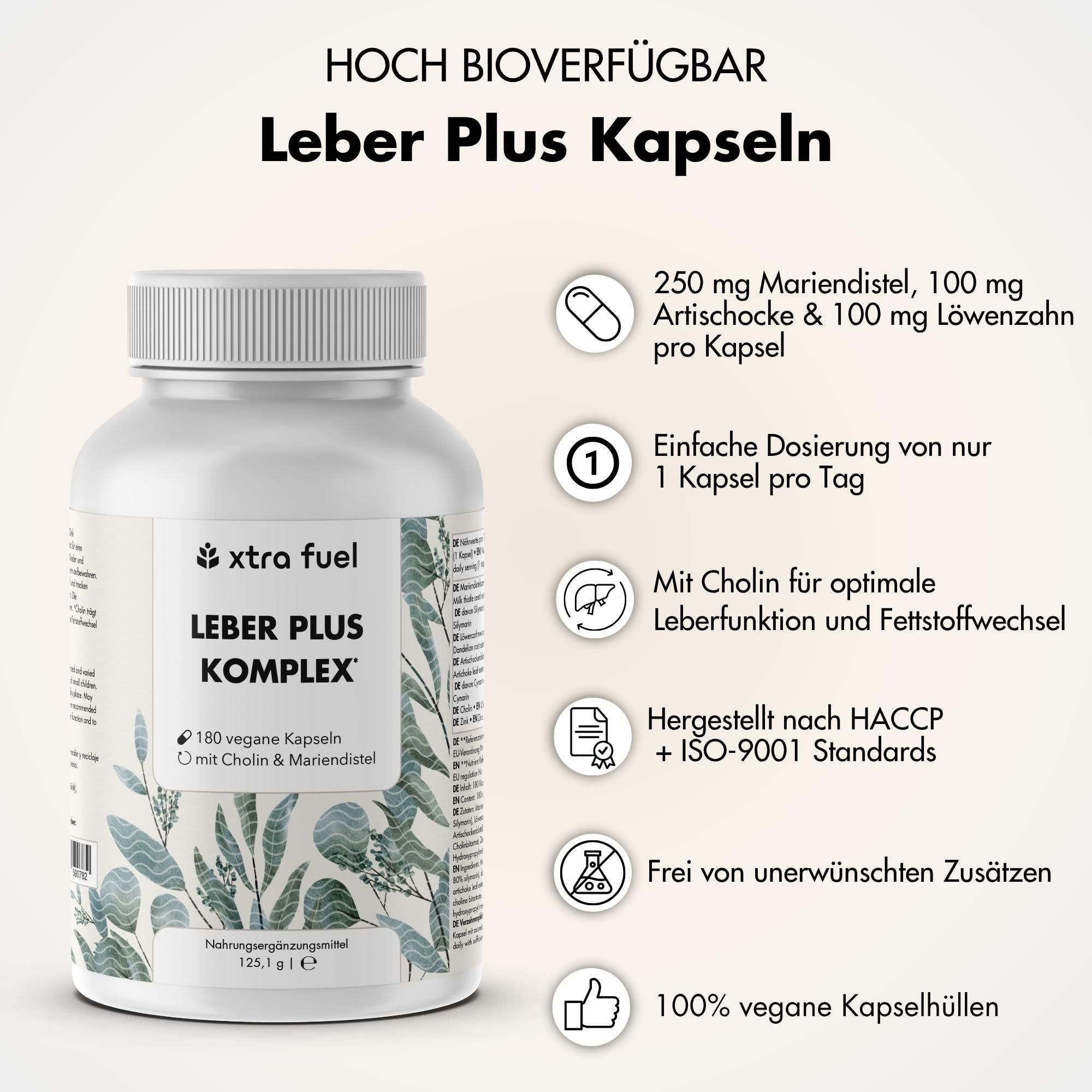 Weiße Flasche mit Kapseln. Aufschrift: XTRA FUEL Leber Plus Kapseln. Text: 180 vegane Kapseln. Text: Einfache Dosierung: 1 Kapsel/Tag.