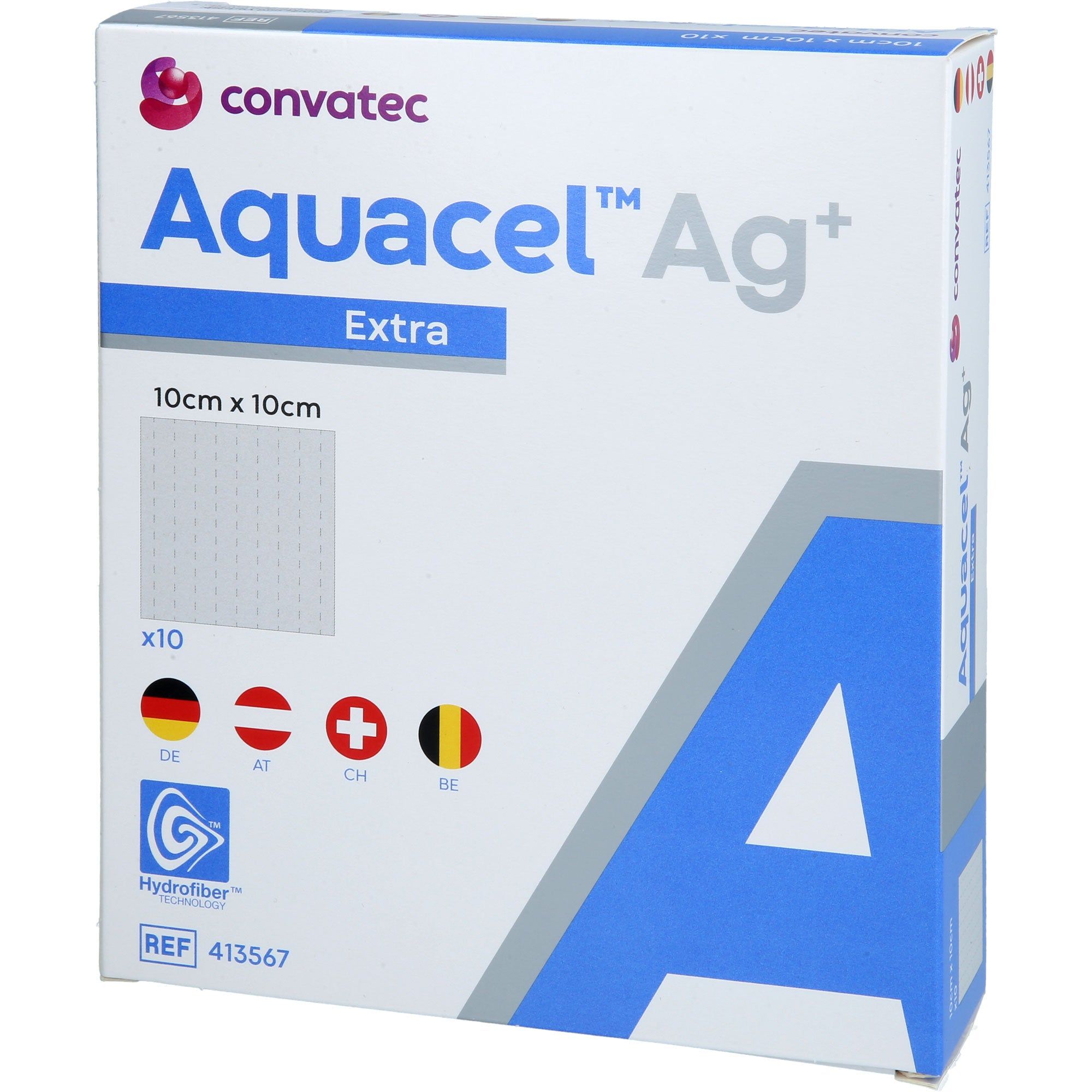 Verpackung von Aquacel Ag+ Extra Kompressen. Quadratische Form, 10x10cm. Logo Convatec, Flaggen DE, AT, CH, BE. REF 413567.