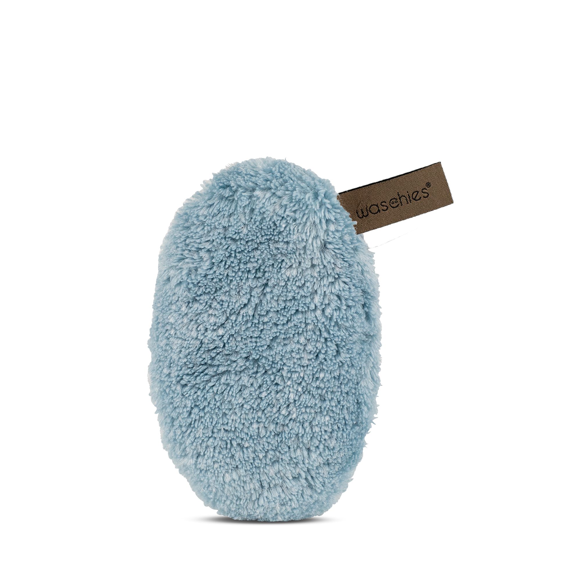 Blaues, ovales Abschminkpad mit Label "waschies".