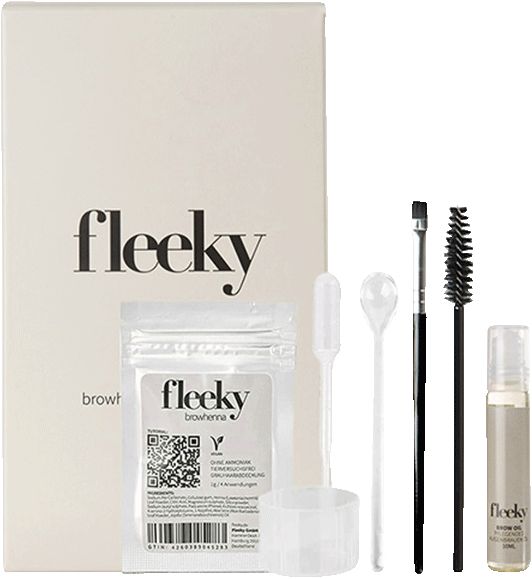 Fleeky Browhenna Kit mit Zubehör: Pinsel, Bürste, Spatel, Behälter, Ölflasche, Henna-Beutel und Verpackung.