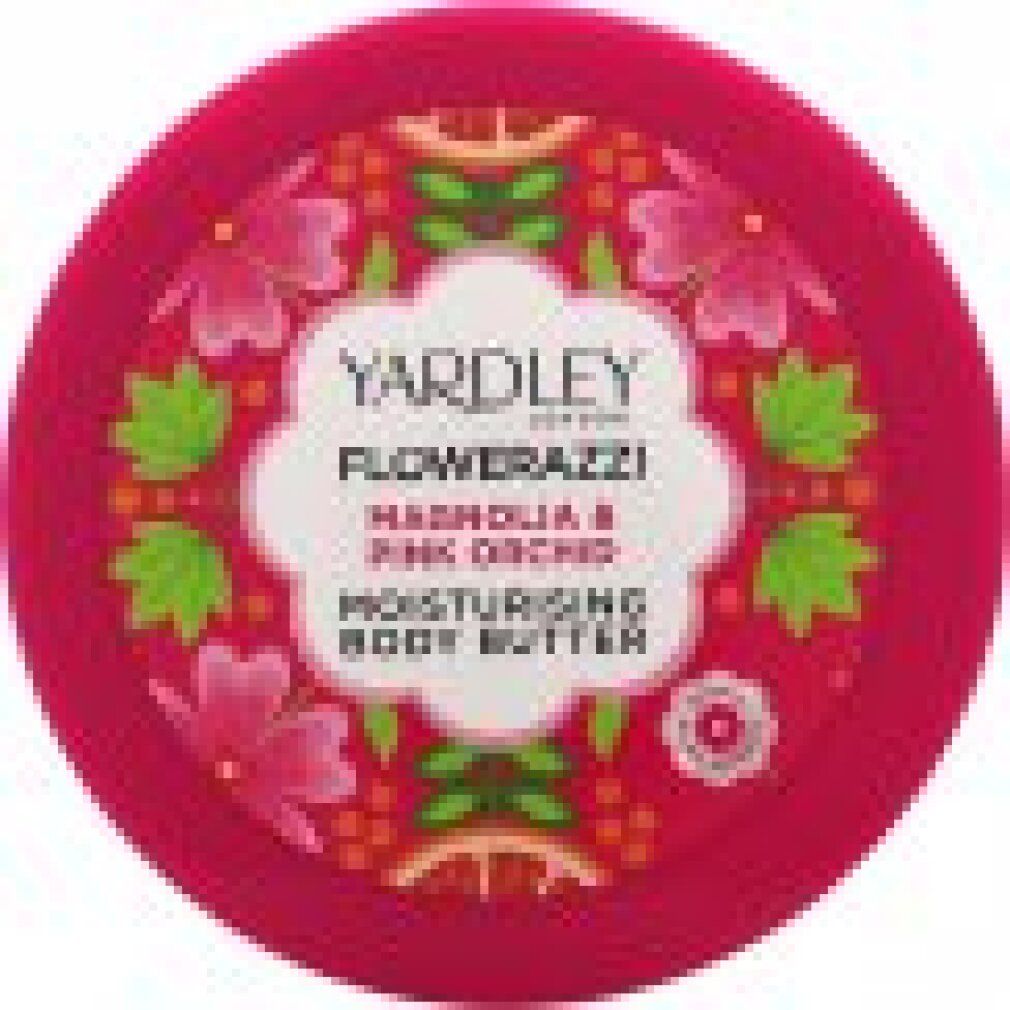 Draufsicht auf einen rosa Deckel. Aufschrift: Yardley Flowerazzi Magnolia & Pink Orchid Moisturising Body Butter. Floralmuster.