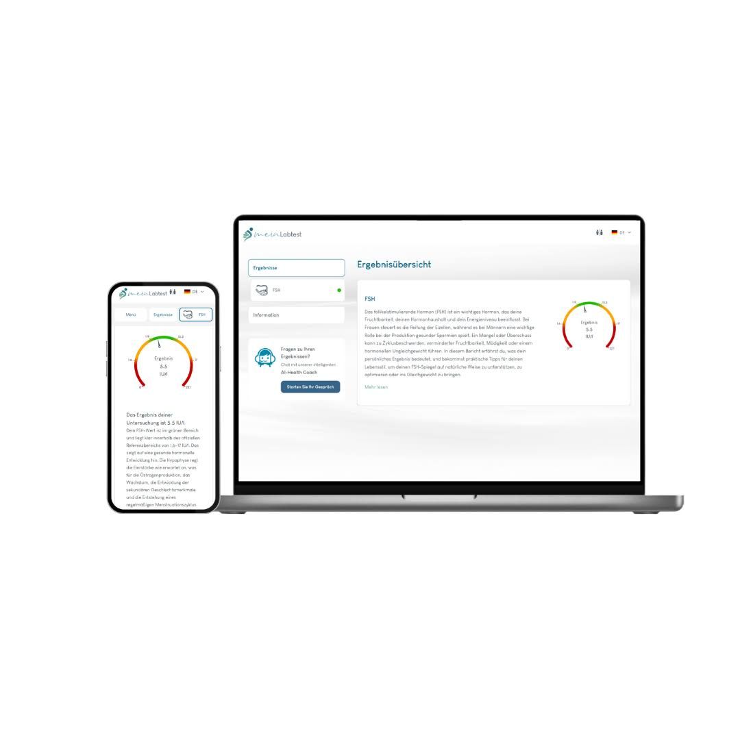 Smartphone und Laptop mit Testergebnissen. Smartphone zeigt Ergebnis. Laptop zeigt Ergebnisübersicht. Meinlabtest-Logo.