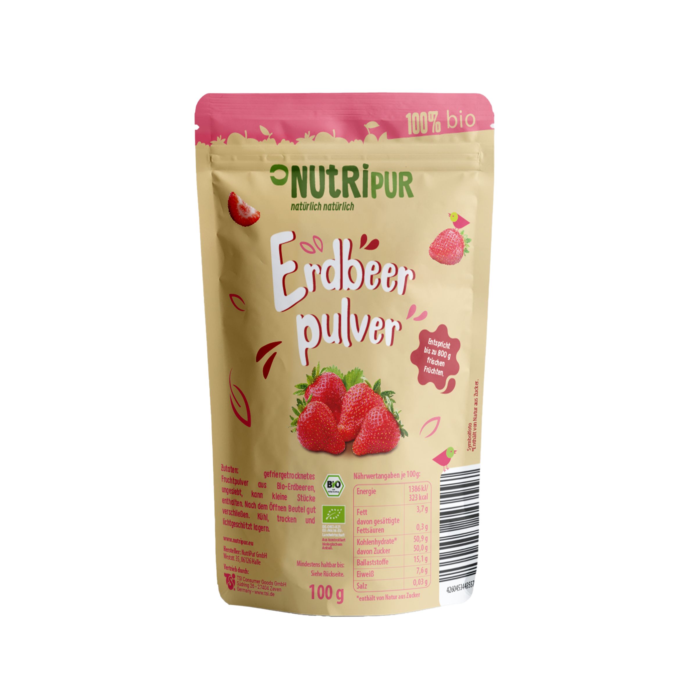 Beutel mit Erdbeerpulver. Aufschrift: NutriPur, Erdbeerpulver, 100% Bio, 100g. Abbildung von Erdbeeren.