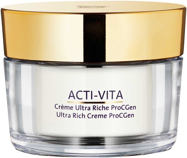 Creme-Tiegel mit goldenem Deckel. Aufschrift ACTI-VITA, Crème Ultra Riche ProCGen. Transparenter Tiegel.