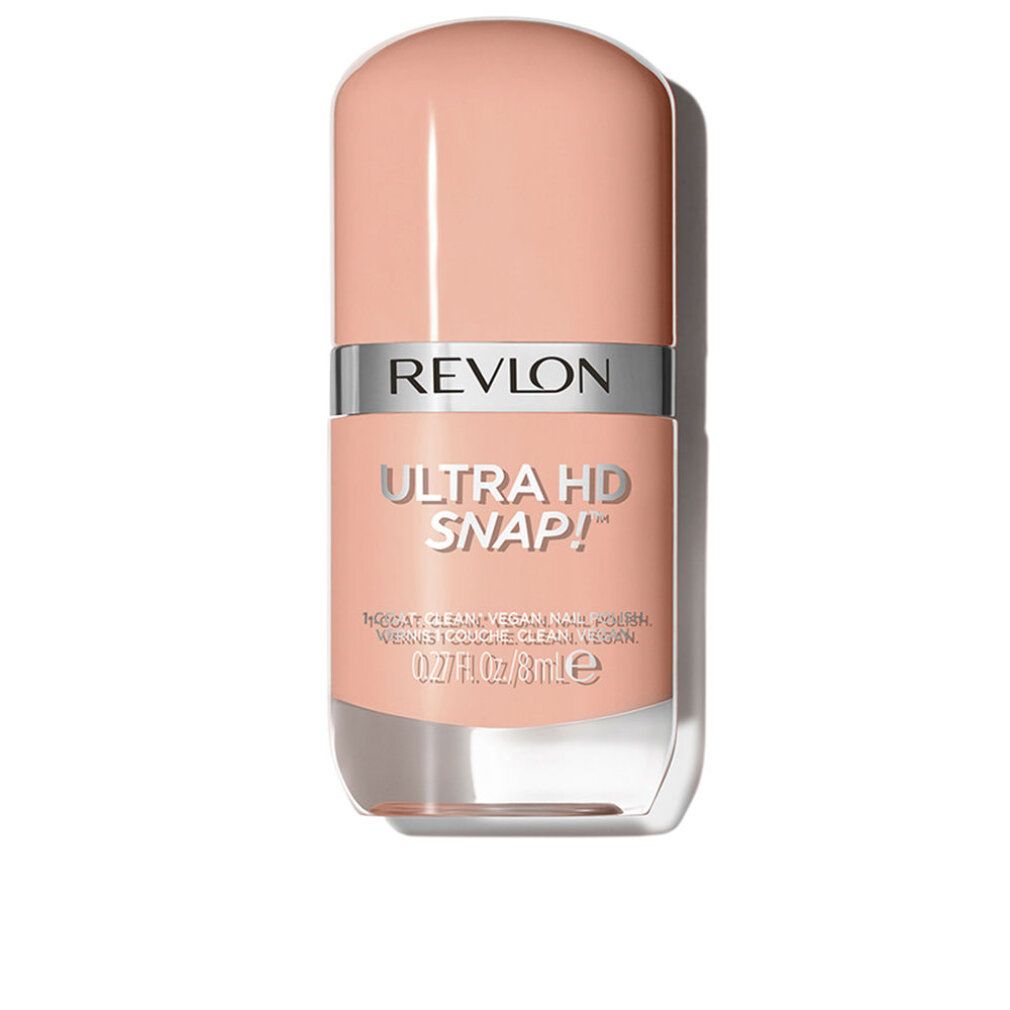 Nagellackflasche, rosa Farbton. Aufschrift: Revlon Ultra HD Snap!. 8ml. Vegan.
