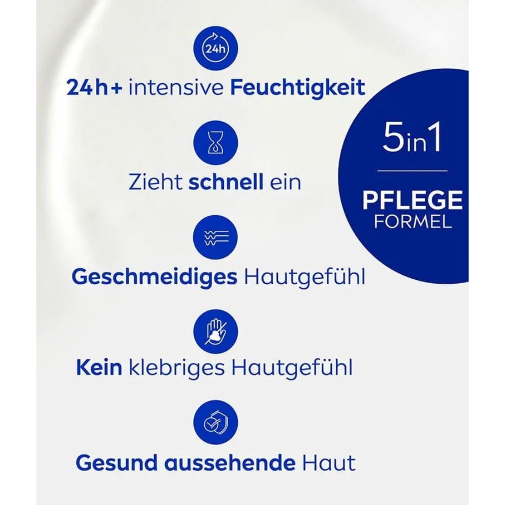Text auf weißem Hintergrund. 24h+ intensive Feuchtigkeit, zieht schnell ein, geschmeidiges Hautgefühl, kein klebriges Hautgefühl, gesund aussehende Haut.
