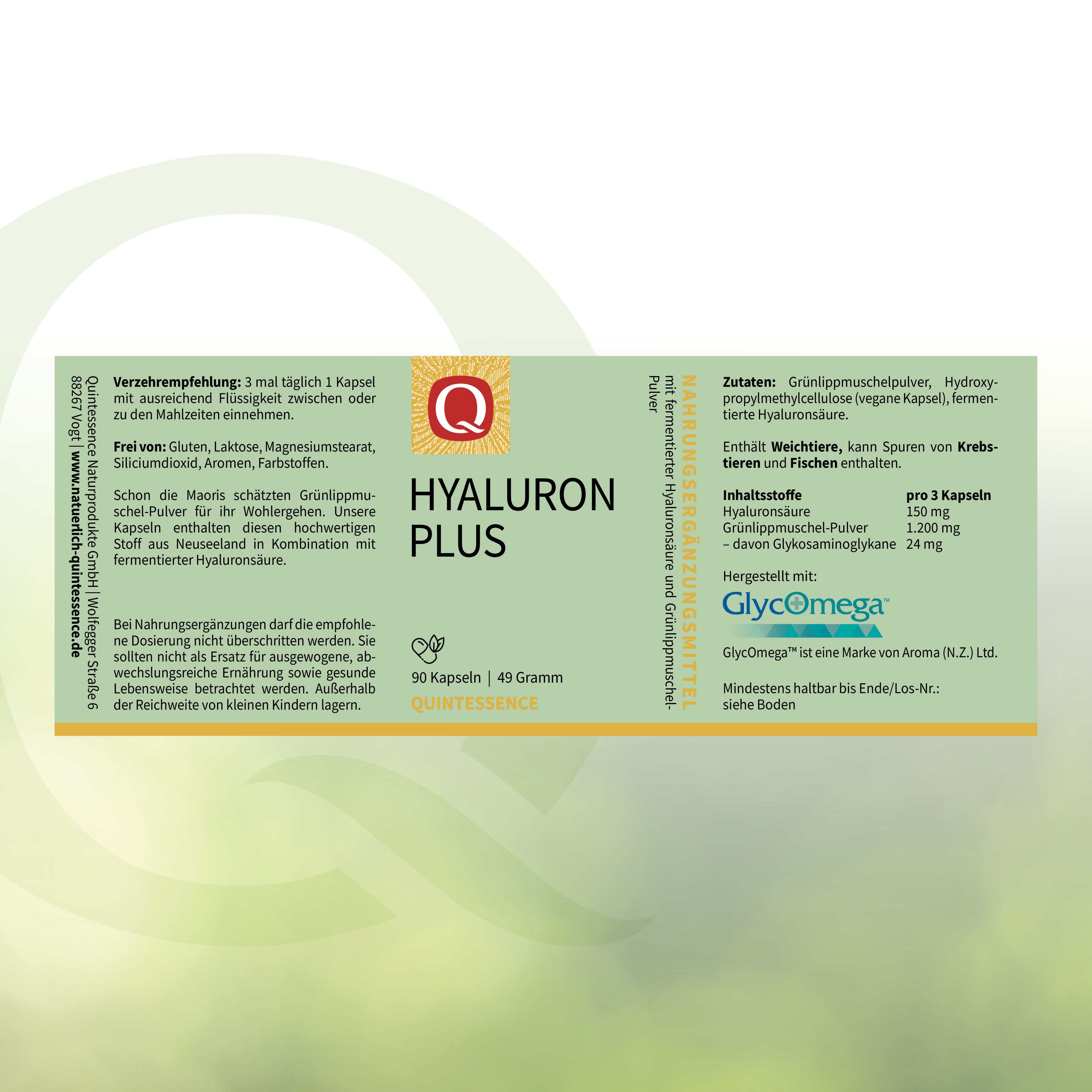 Produktverpackung mit "HYALURON PLUS". Enthält 90 Kapseln. Inhaltsstoffe und Verzehrempfehlung.