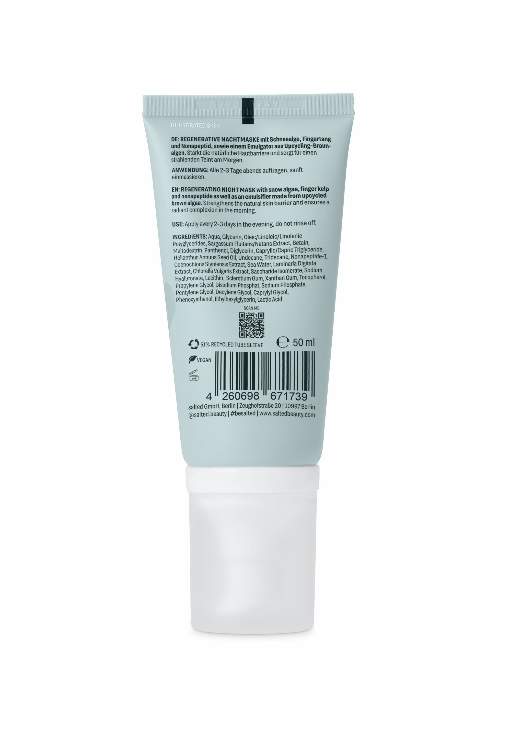 Tube mit gesalzenem Regenerative Nachtmaske ohne Duft, 50 ml. Enthält 40% recycelten Kunststoff.