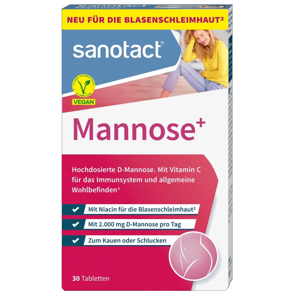Sanotact Mannose+ Tabletten-Packung. Enthält 30 Tabletten. Vegan. Mit Niacin, 2.000 mg D-Mannose pro Tag. Zum Kauen oder Schlucken.
