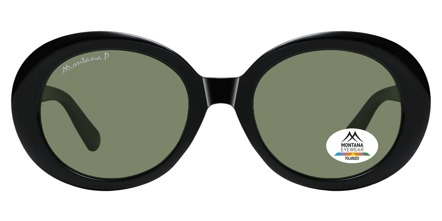 Schwarze Sonnenbrille mit runden Gläsern. Montana Eyewear Logo und Polarized-Aufkleber. Schwarzer Rahmen und Bügel.