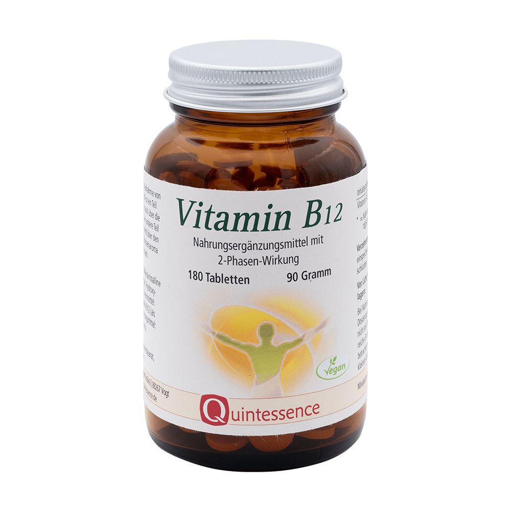 Braune Glasflasche mit Vitamin B12 Tabletten. 180 Tabletten. Marke Quintessence.