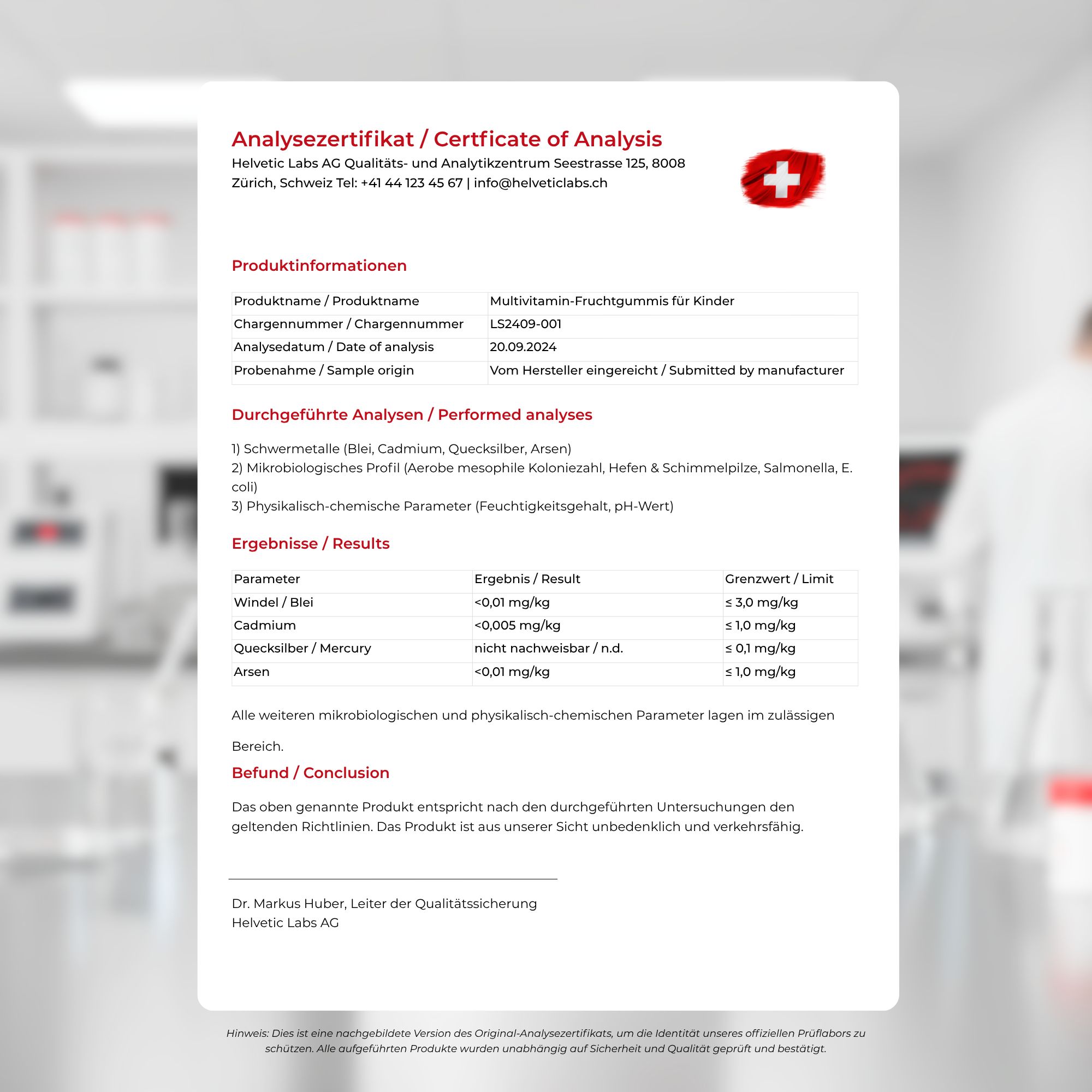 Zertifikat mit Analyseergebnissen. Text: Analysezertifikat. Multivitamin-Fruchtgummis für Kinder. Helvetica Labs AG.