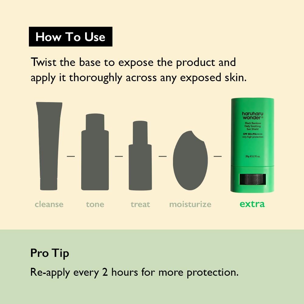 Grafik zeigt Anwendungsschritte. Text: How To Use. Pro Tip: Re-apply every 2 hours for more protection.