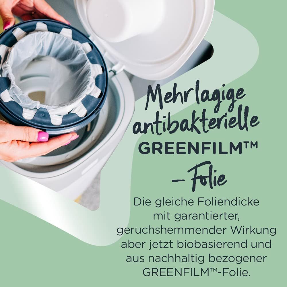 Windeleimer mit geöffnetem Deckel. Text: Mehrlagige antibakterielle GREENFILM™-Folie.