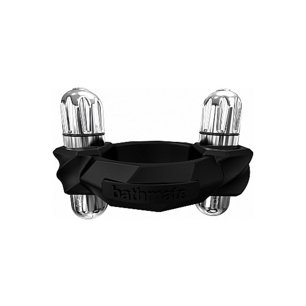 Schwarzer Ring mit zwei silbernen Aufsätzen. Auf dem Ring steht "bathmate".