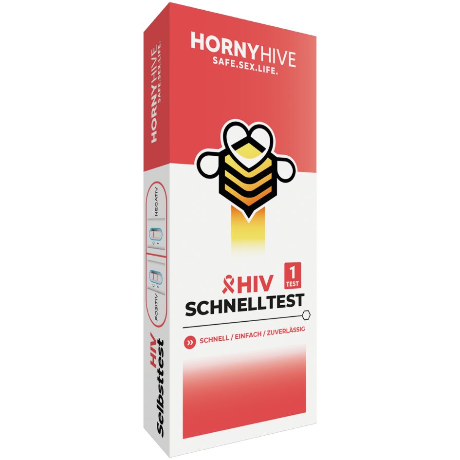 HIV-Schnelltest-Verpackung, rechteckig. Rote und weiße Verpackung mit Logo und Text. Enthält das Wort 'HIV' und 'Schnelltest'.