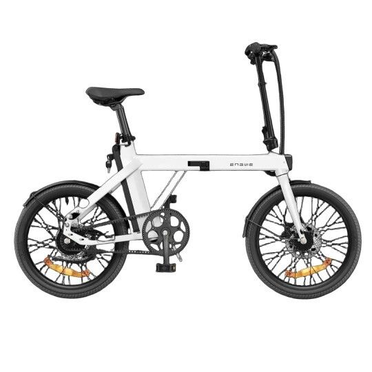 Faltbares weißes Elektrofahrrad mit schwarzen Reifen und Details. Das Fahrrad ist zusammengeklappt.