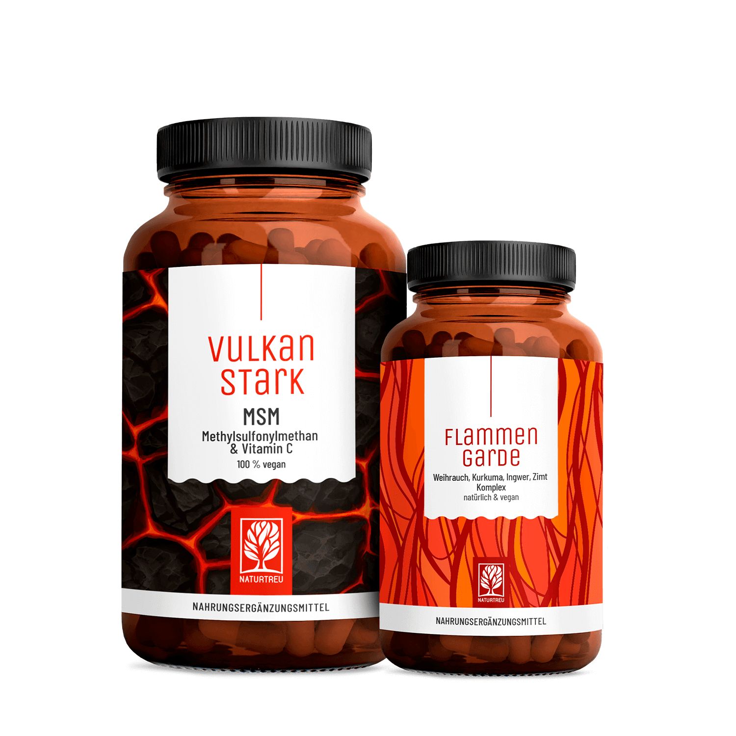 Zwei braune Flaschen mit schwarzen Deckeln. Aufschrift "Vulkan Stark" und "Flammen Garde". Naturtreu Logo.