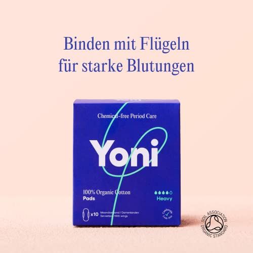 Blaue Schachtel mit Damenbinden. Aufdruck: Yoni, 100% Bio-Baumwolle, Heavy. Mit Flügeln. SOIL ASSOCIATION ORGANIC.