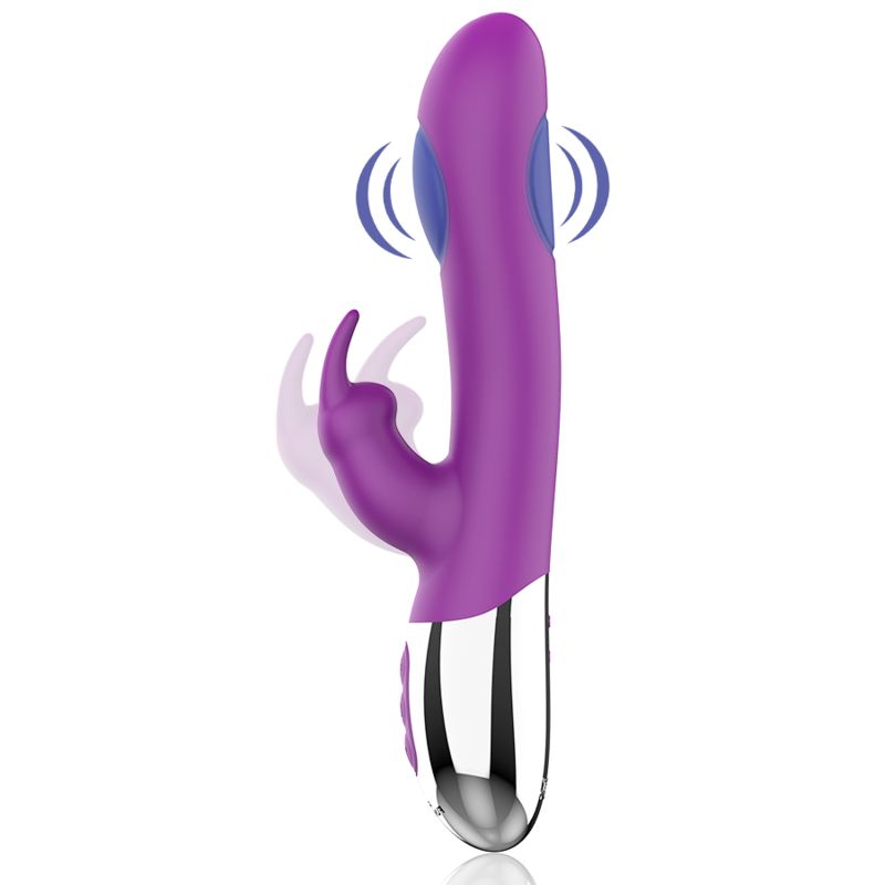 Lila Vibrator mit Hasenohren-Design. Zwei Knöpfe und Fun Function-Logo. Bewegungssymbol. Metallbasis.