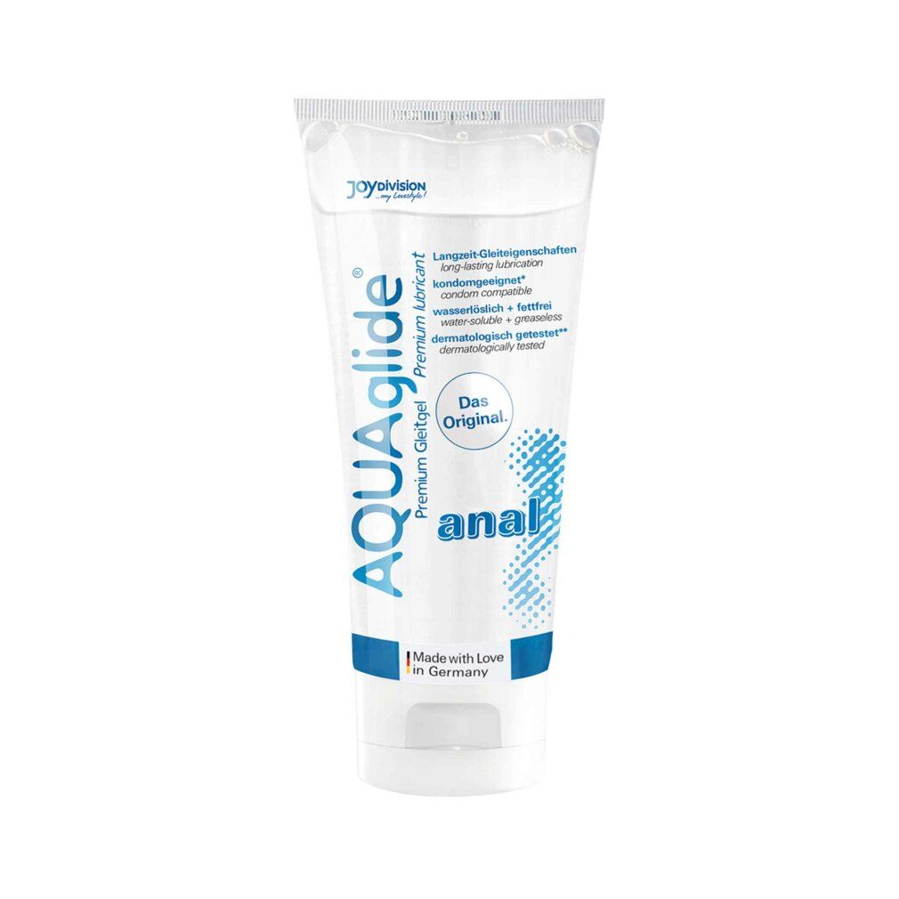 AQUAglide Anal Gleitgel in einer Tube. Aufschrift: Premium Gleitgel, wasserlöslich, pH-optimiert, dermatologisch getestet.
