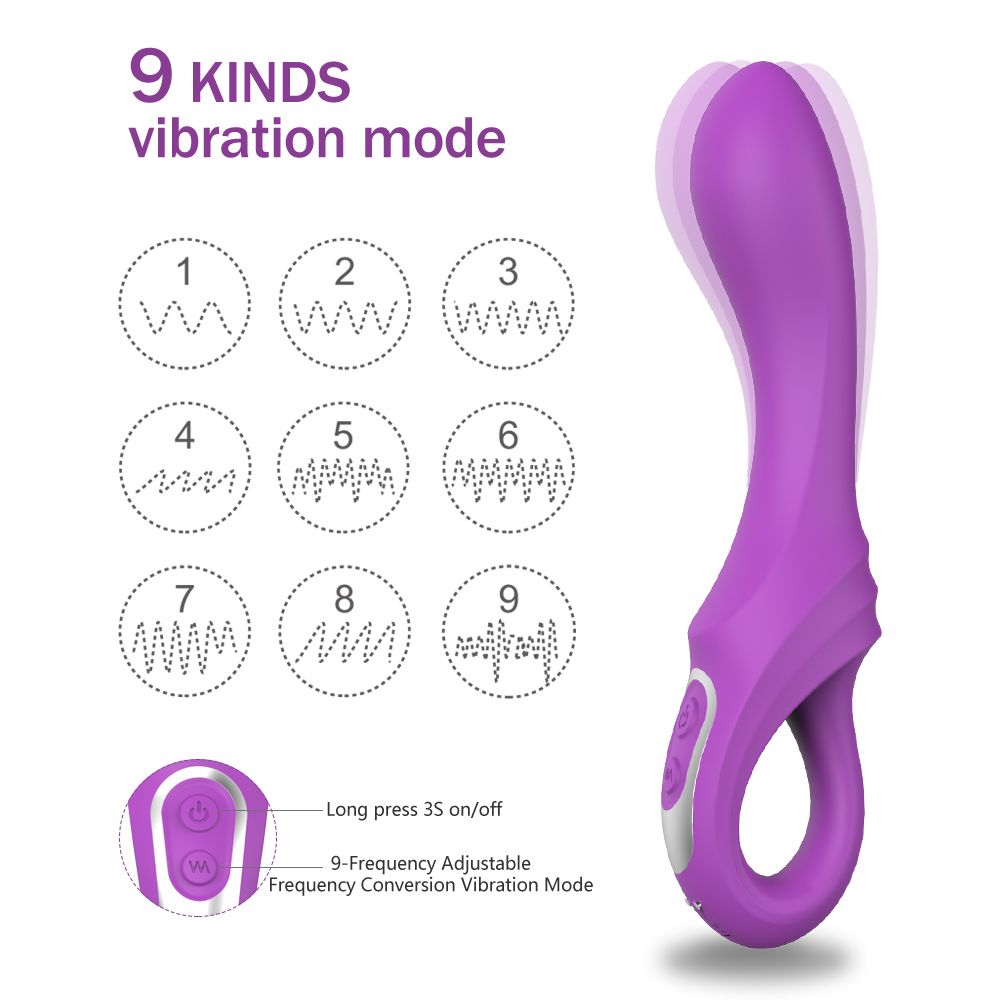 Lila Vibrator mit 9 Vibrationsmodi. Zwei Knöpfe, silberne Akzente. Modus-Diagramm.