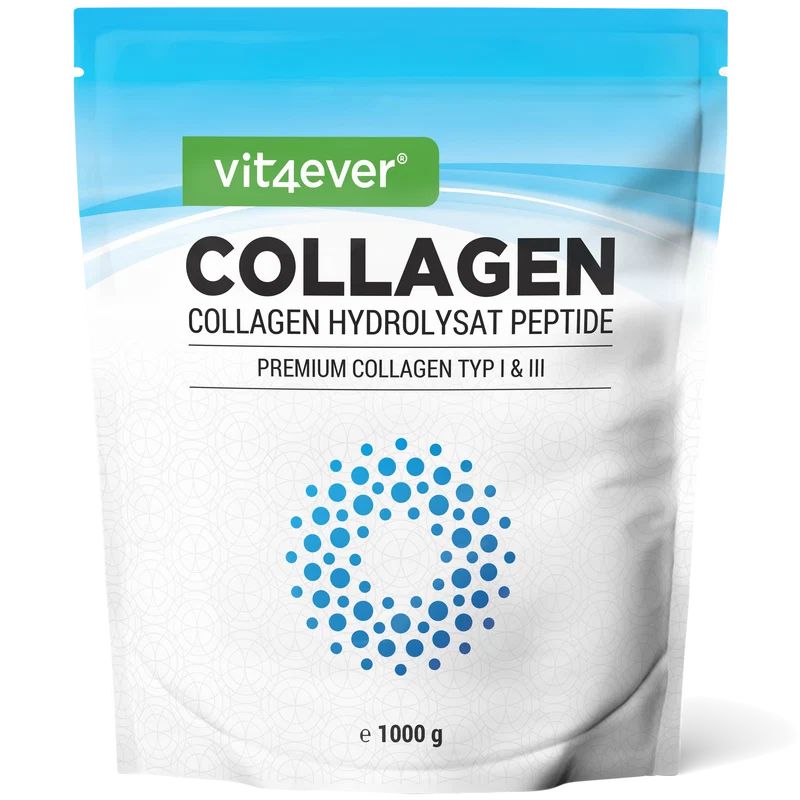Vit4ever Collagen Pulver Beutel mit blauen Kreisen und 1000g Angabe.