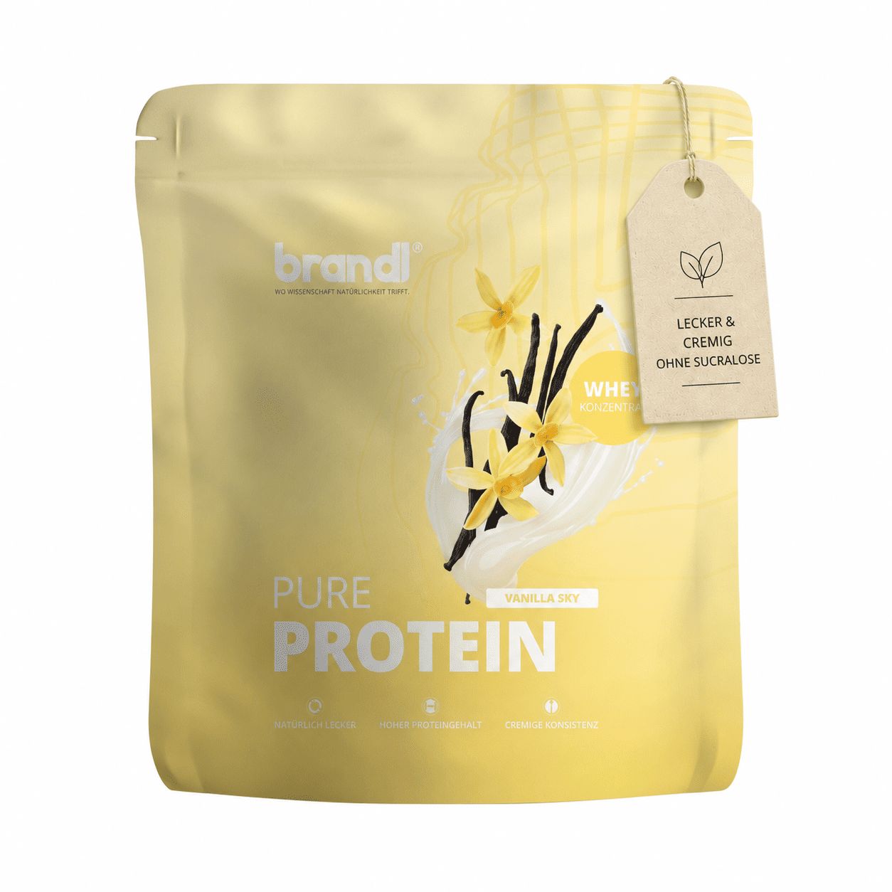 Gelber Beutel brandl® Pure Protein Pulver, Vanille Sky, mit Anhänger 'Lecker & Cremig'.