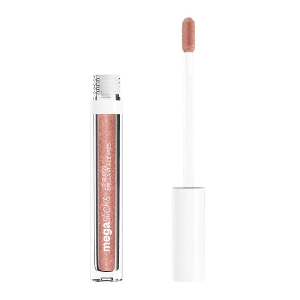 Lipgloss-Tube mit Applikator. Der transparente Behälter zeigt einen rosafarbenen Glanz. Der Applikator ist weiß.