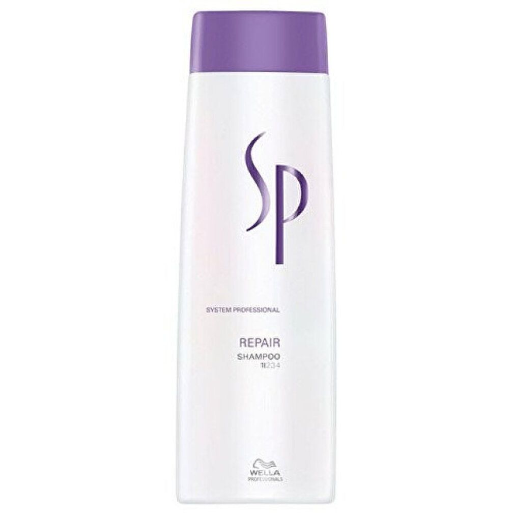 Weißes Shampoo mit lila Deckel. SP-Logo und Schriftzug 'REPAIR SHAMPOO' in Lila. Wella-Logo unten.