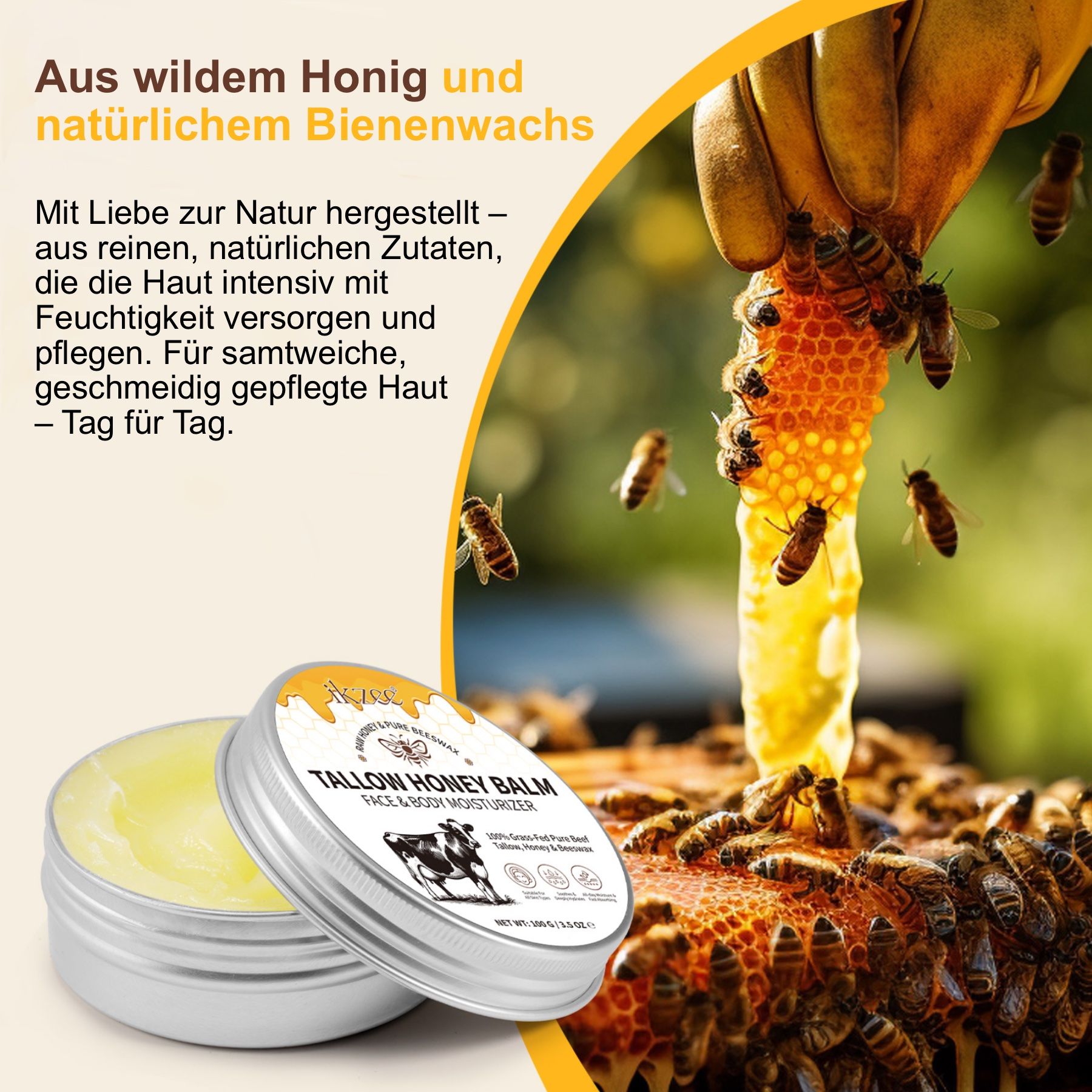 Produkt in Dose neben Bienenwabe mit Bienen. Text: Tallow Honey Balm, Face & Body Moisturizer. Text: Aus wildem Honig und natürlichem Bienenwachs. Mit Liebe zur Natur hergestellt.
