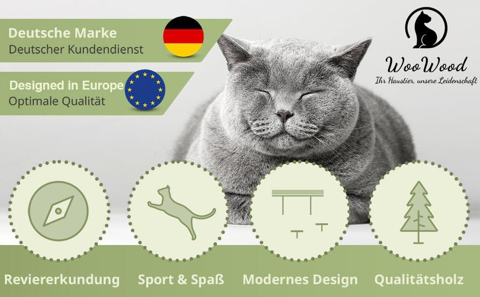 WOOWOOD® Kletterwand für Katzen aus Massivholz inkl. 2 Katzentreppen und Katzenbett