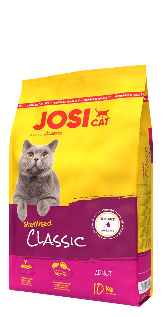 JosiCat Sterilised Classic Katzenfutter, 10 kg Beutel mit Katzenmotiv und Produktinformationen.