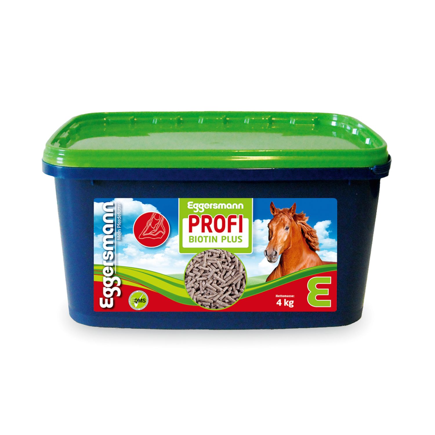 Blauer Behälter mit grünem Deckel. Aufkleber mit Produktname, Pferd und Text. 4 kg.