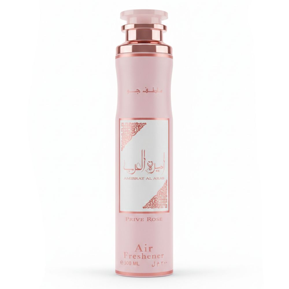Rosa Raumduftspray mit goldfarbenen Details. Etikett mit arabischer Schrift und "Privé Rose".