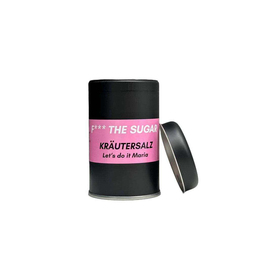 Schwarze Dose mit rosa Etikett. Aufschrift: F*** THE SUGAR Kräutersalz Let's do it Maria. Deckel daneben.