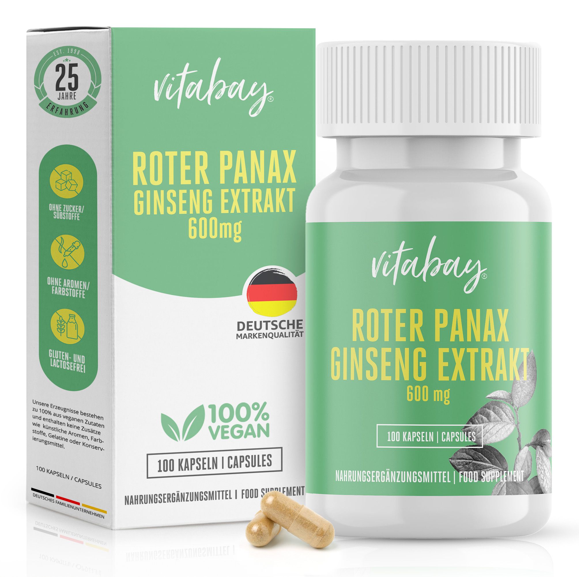 Produktverpackung mit Flasche und Schachtel. Text: Vitabay Roter Panax Ginseng Extrakt 600mg. 100 Kapseln. 100% Vegan.