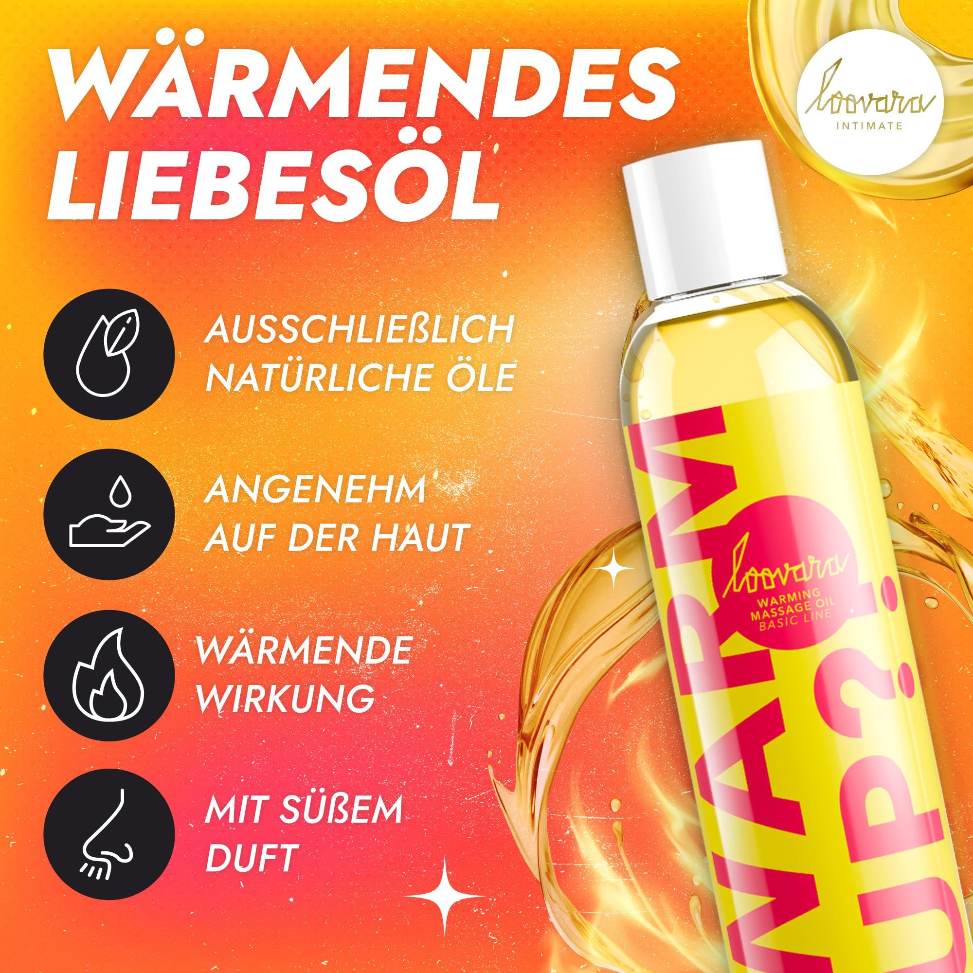Eine Flasche Vibratissimo Massageöl 'Relax' 250ml, umgeben von Seerosen und Blättern, mit EU-Qualitätssiegel.