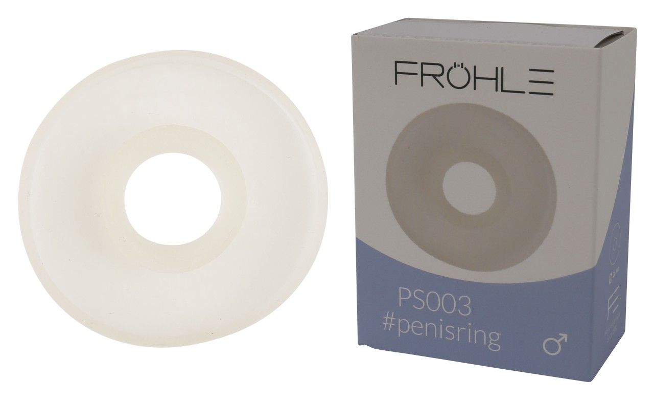 Ringförmiges Produkt neben Verpackung. Marke Fröhle. Text: PS003 #penisring.