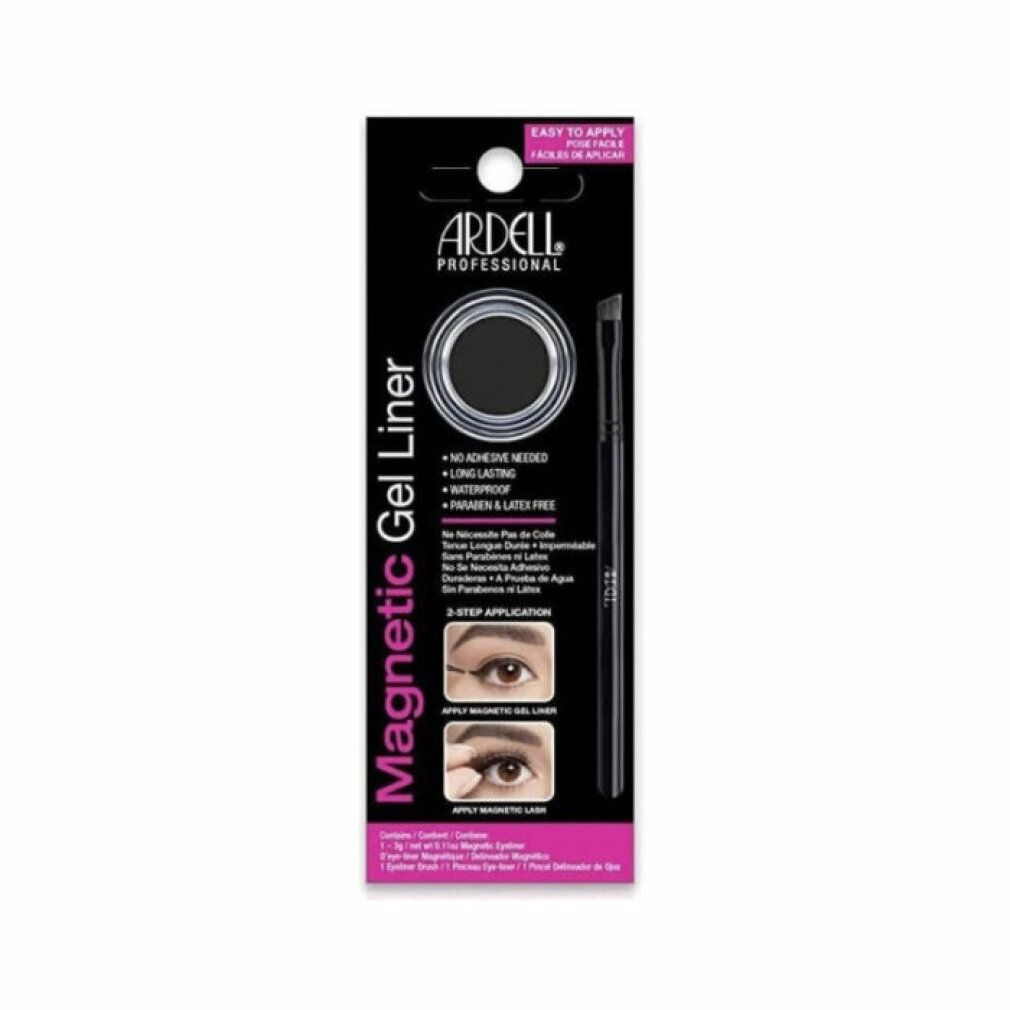 Ardell Magnetic Gel Liner. Schwarze Gel-Liner-Verpackung mit Pinsel. Enthält Informationen zu Inhaltsstoffen und Anwendung.