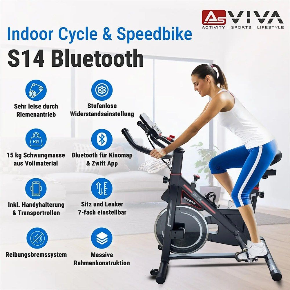 AsVIVA Indoor Cycle S14 Bluetooth: Frau trainiert, 15kg Schwungmasse, Riemenantrieb, verstellbar.